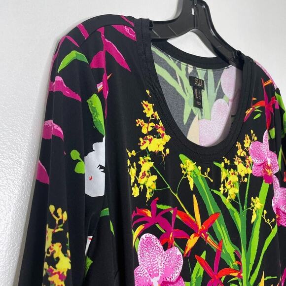 G.I.L.I Black Floral T-Shirt Shift Maxi Dress L Stretchy Tropical Vacation Vibes - Picture 2 of 7